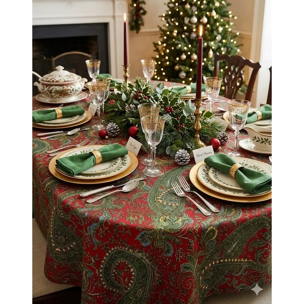 Lauren Ralph Lauren Classic Paisley Tablecloth NEW Poinsettia Cotton 60x84